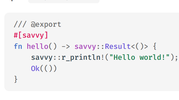 R and Rust code panels connected by the word savvy
